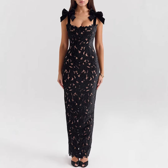Damen nan figurbetontes bodenlanges Spitzenabendkleid in Säulenform mit Zierschleifen-Trägern R&B