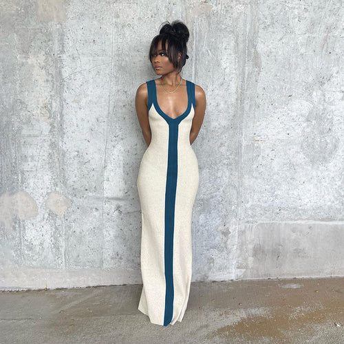 Damen elegantes Maxikleid mit tiefem V-Ausschnitt und kontrastierendem Streifen R&B
