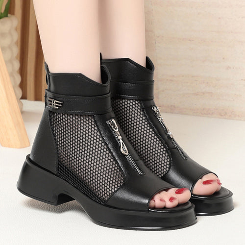 Damen Offene Stiefeletten mit Netzdesign und modischem Reißverschluss R&B