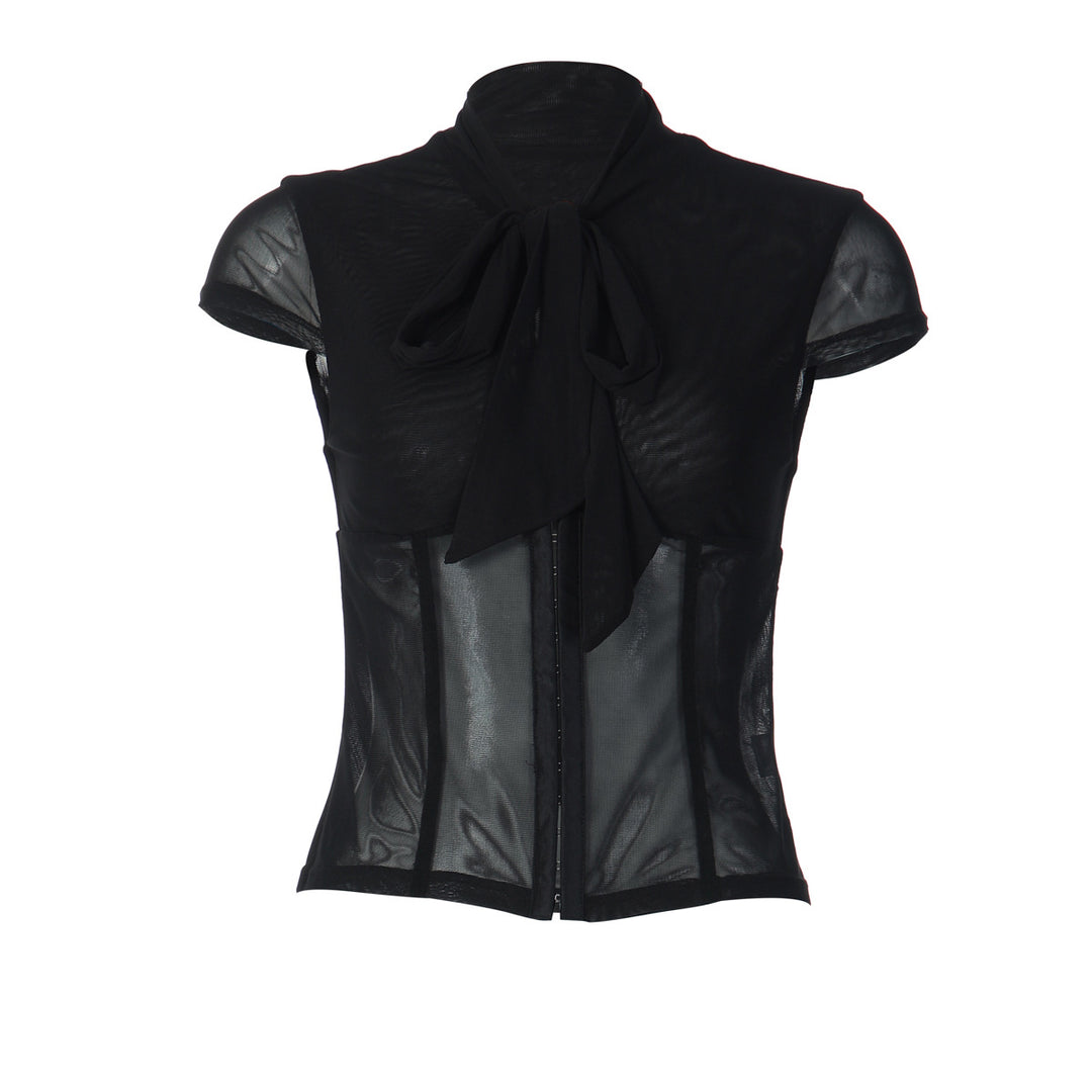 Damen Edles Spitzenoberteil mit dekorativer Schleife und transparentem Design R&B