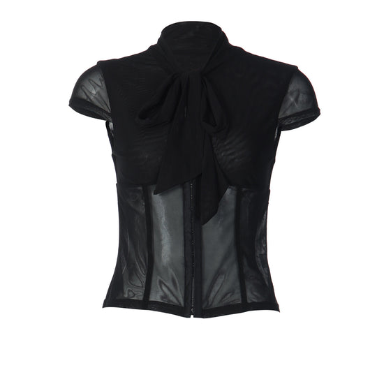 Damen Edles Spitzenoberteil mit dekorativer Schleife und transparentem Design R&B