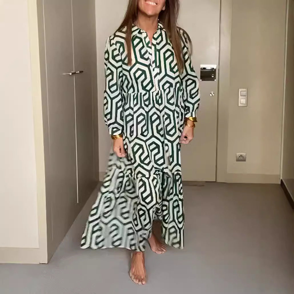 Damen Langarm Maxikleid mit geometrischem Design und Rüschendetails Heidi-Mode