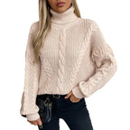 Damen Strickpullover mit hohem Kragen und Zopfmuster