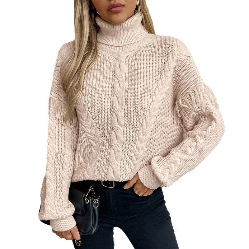 Damen Strickpullover mit hohem Kragen und Zopfmuster