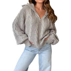 Damen lässiger Strickpullover mit weichem Zopfmuster und praktischer Kapuze R&B
