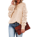 Damen Strickpullover mit romantischem Häkelmuster und voluminösen Ärmeln R&B