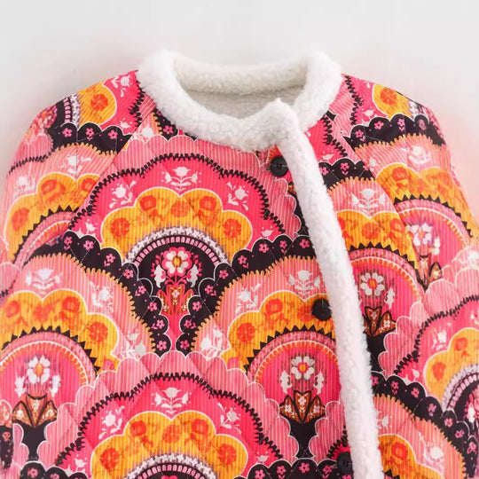 Damen gesteppte Überwurfjacke mit buntem Muster und flauschigem Innenfutter R&B