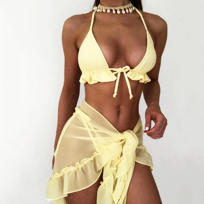 Damen Bikini-Set mit rüschenverziertem Oberteil und transparentem Wickelrock R&B