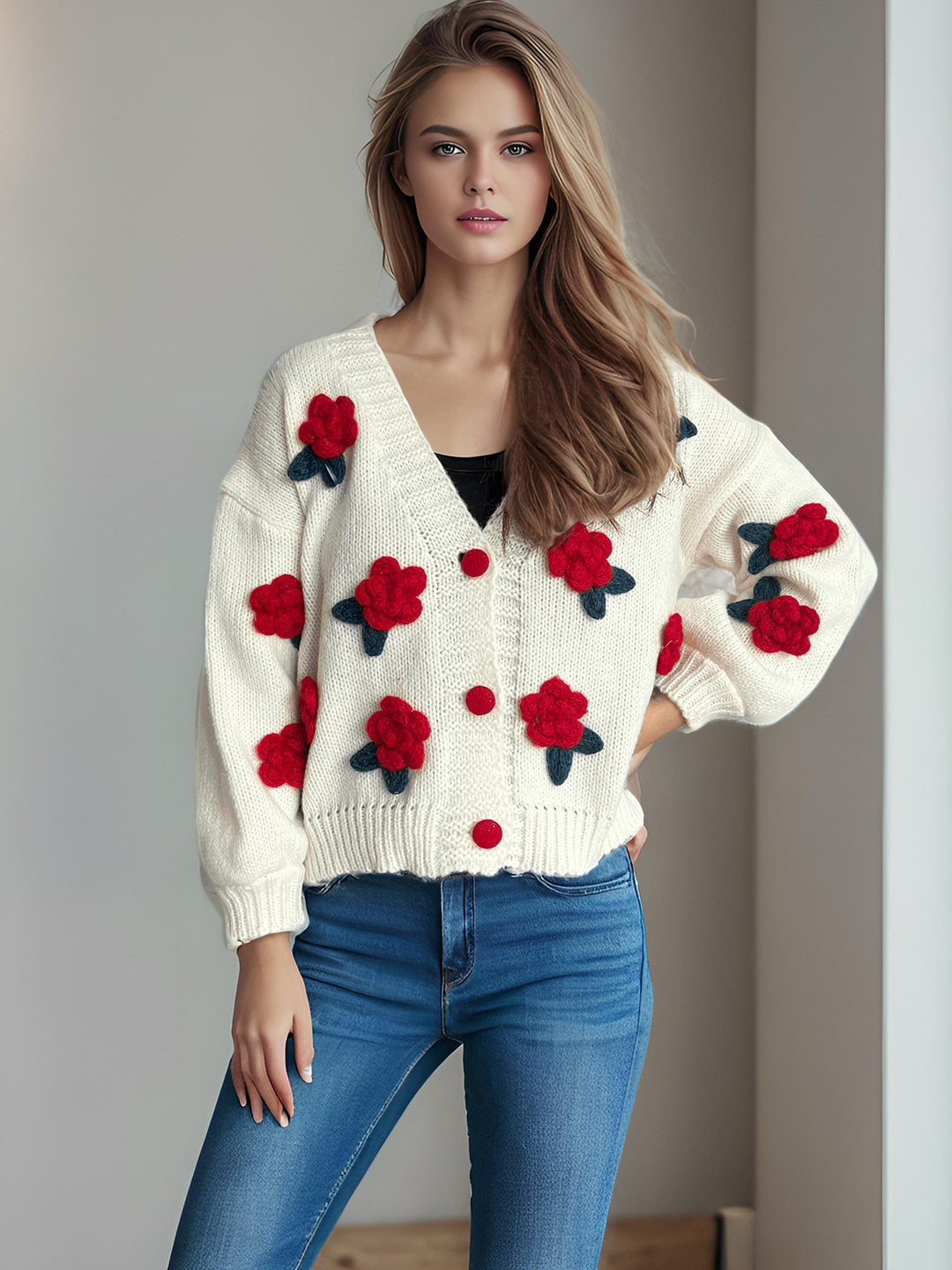 Damen Strickjacke mit floralen Applikationen und knöpfbarem Design R&B