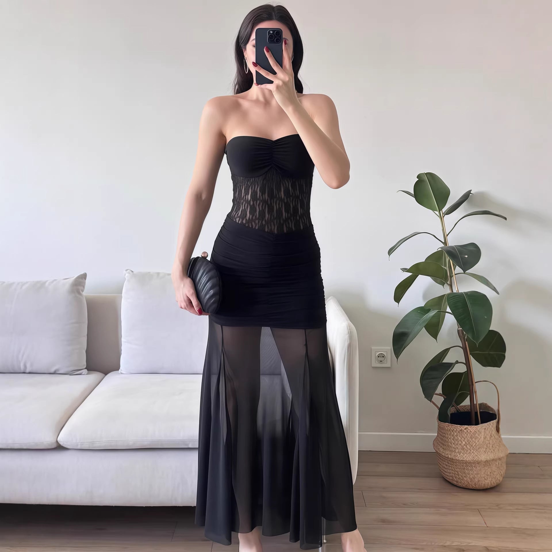 Damen Elegantes bodenlanges Kleid mit Spitzenakzenten R&B