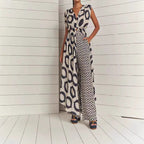 Damen Eleganter Jumpsuit mit Wickelgürtel und geometrischem Muster R&B
