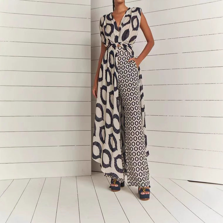 Damen Eleganter Jumpsuit mit Wickelgürtel und geometrischem Muster R&B
