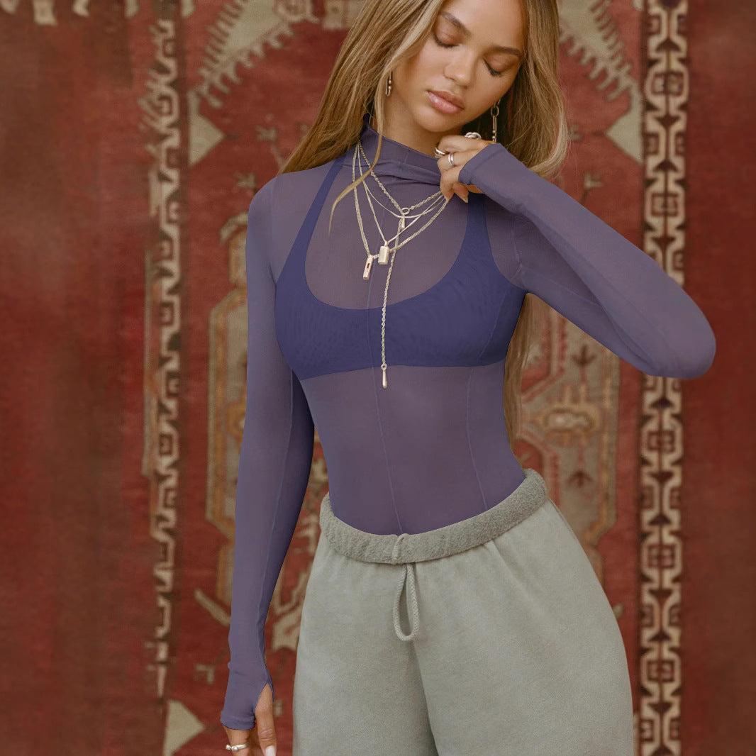 Damen Langarmshirt aus leichtem Mesh mit hohem Kragen und figurformendem Schnitt R&B