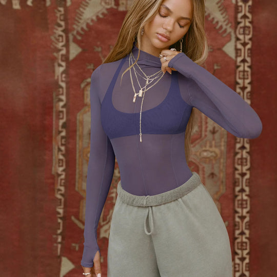 Damen Langarmshirt aus leichtem Mesh mit hohem Kragen und figurformendem Schnitt R&B