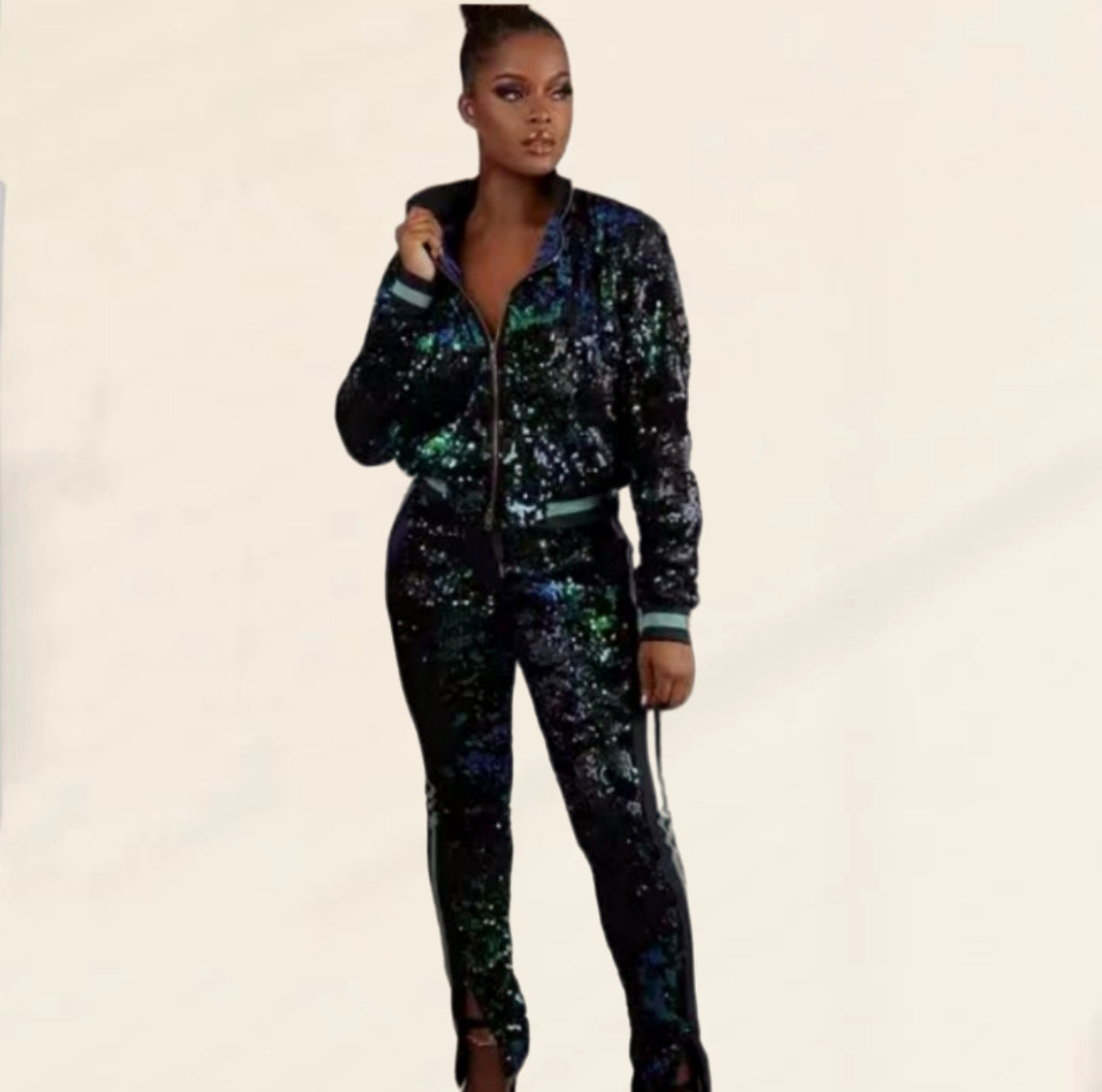 Damen Glitzerndes Sportanzug-Set mit trendigen Streifen R&B