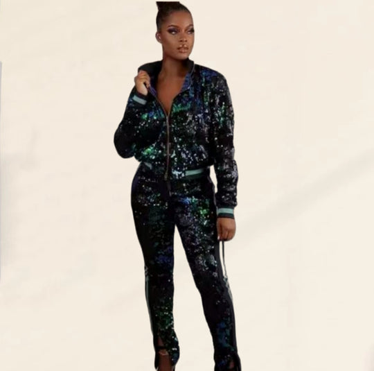 Damen Glitzerndes Sportanzug-Set mit trendigen Streifen R&B