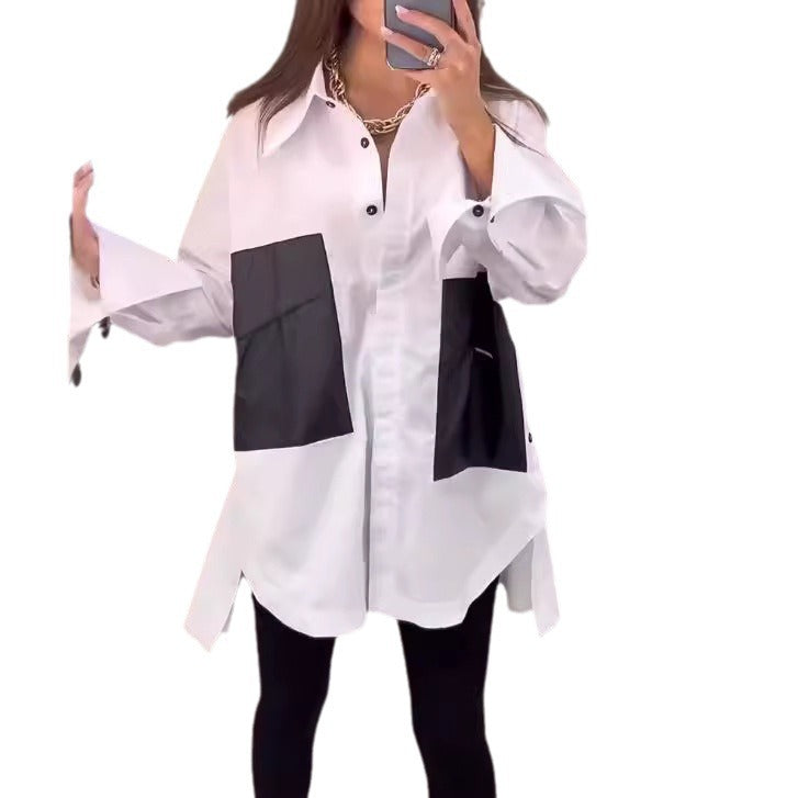 Damen nan Oversize-Hemd mit Kontrasttaschen, extra weiten Manschetten und seitlichen Schlitzen R&B