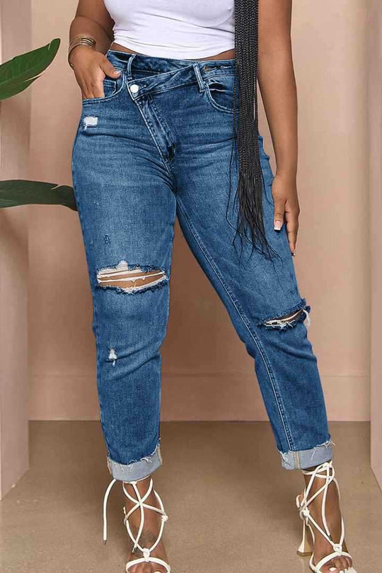 Damen lässige Mom-Jeans mit trendigen Rissen R&B
