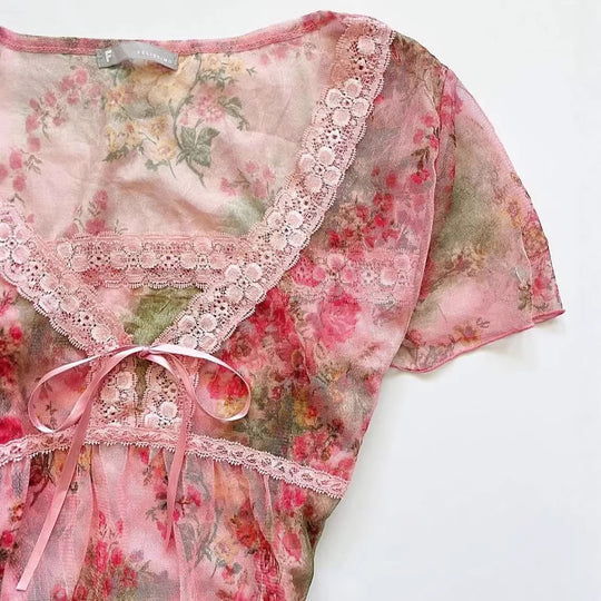 Damen florales Chiffon-Oberteil mit Spitzenakzenten R&B