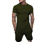 Herren nan schlankes Jersey-Set mit Rundhalsshirt und elastischer Tunnelzug-Shorts R&B