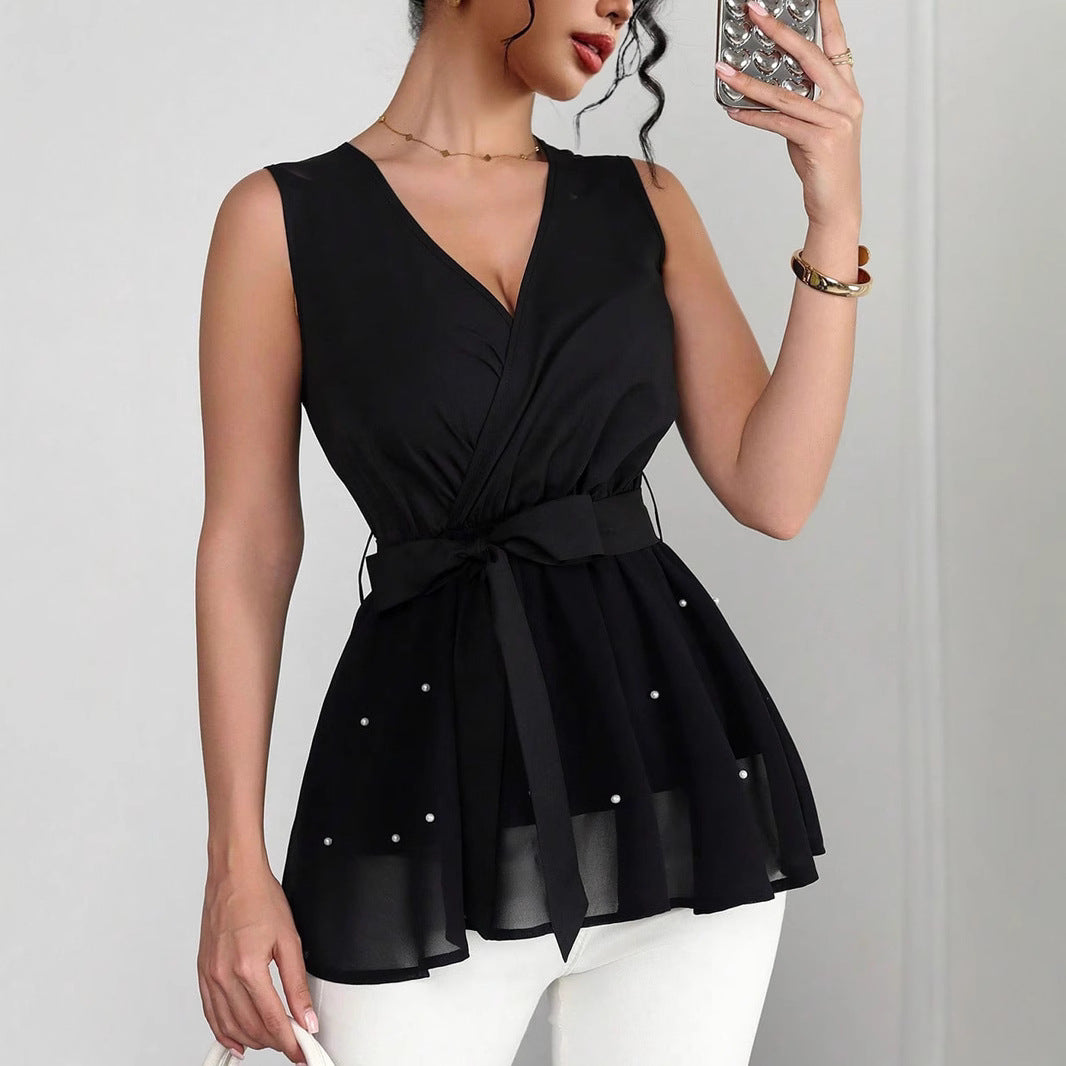 Damen Elegantes Wickeloberteil mit dekorativen Perlen R&B