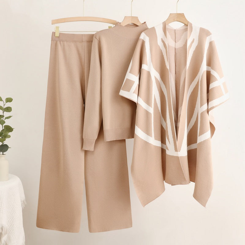 Damen trendiges Strick-Loungewear-Set mit grafischem Poncho-Design R&B