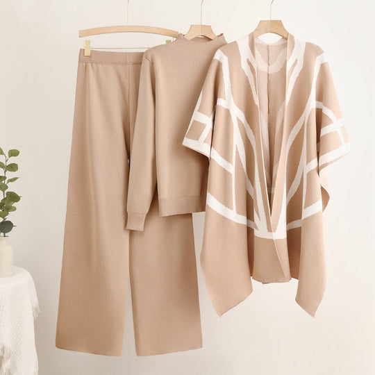 Damen trendiges Strick-Loungewear-Set mit grafischem Poncho-Design R&B