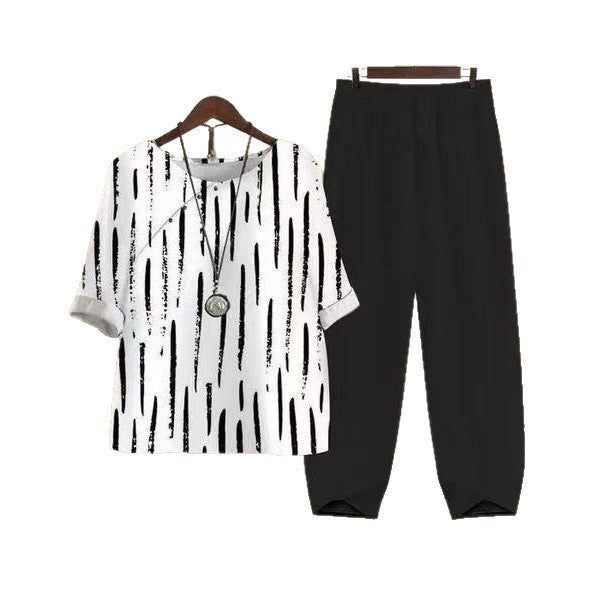 Damen nan weites Shirt mit Pinselstrichmuster, überschnittener Schulter und elastischer Komforthose mit Gummizug R&B