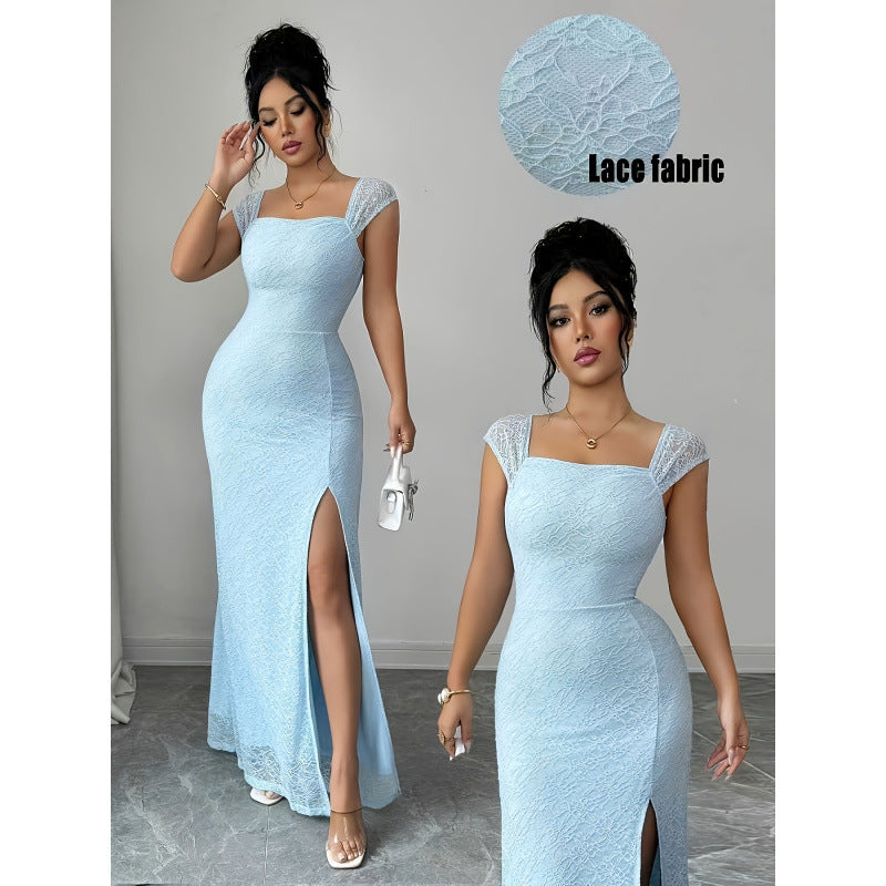 Damen Maxikleid mit Spitzenärmel und seitlichem Schlitz R&B