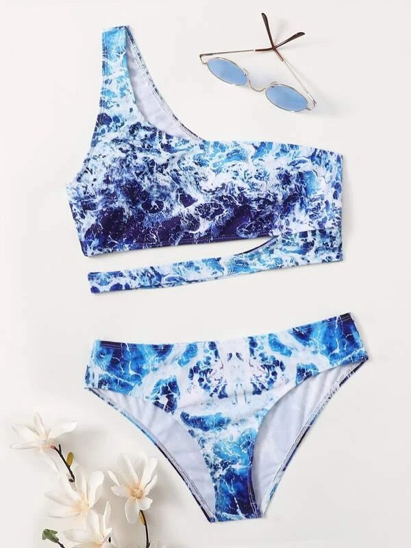 Damen Sport-Bikini mit asymmetrischem Schnitt und modischem Wasser-Motiv R&B