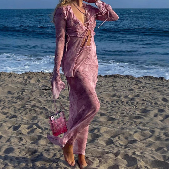 Damen Elegantes Cut-Out Maxikleid mit fließendem Stoff und raffinierten Rüschendetails R&B
