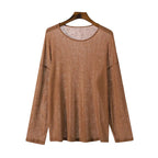 Damen nan locker fallendes Langarm-Feinstrickshirt mit feinem Rippenmuster und Rundhalsausschnitt R&B