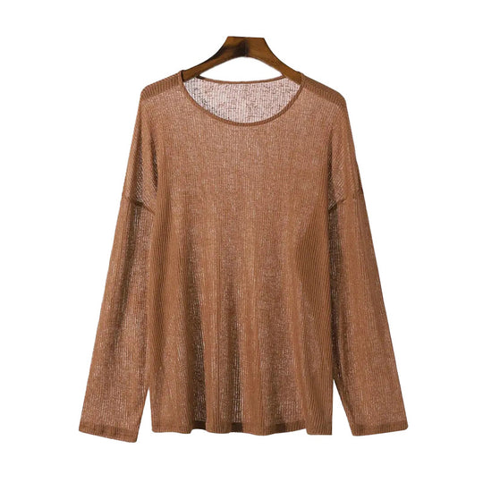 Damen nan locker fallendes Langarm-Feinstrickshirt mit feinem Rippenmuster und Rundhalsausschnitt R&B