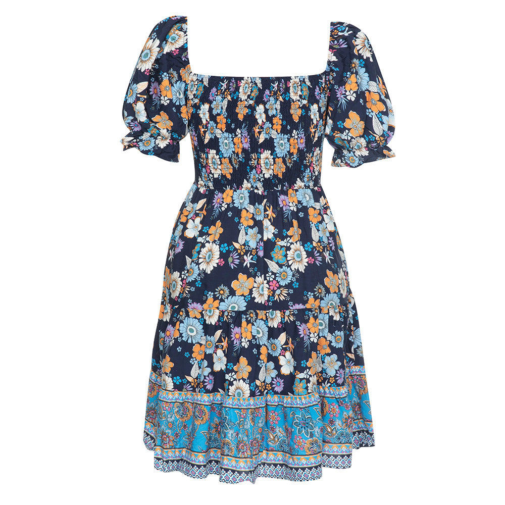 Damen Blumenmuster Maxikleid mit Puffärmeln und elastischem Taillengummi R&B