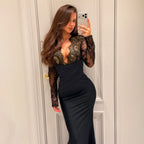 Damen elegantes Abendkleid mit Spitzeneinsätzen und raffiniertem Wickeldesign R&B