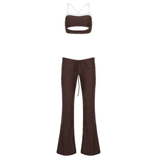 Damen sportliches Flared Set mit Crop-Top und bindbarem Bund R&B
