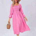 Damen Midikleid mit elastischen Puffärmeln und romantischem Taillenzug R&B