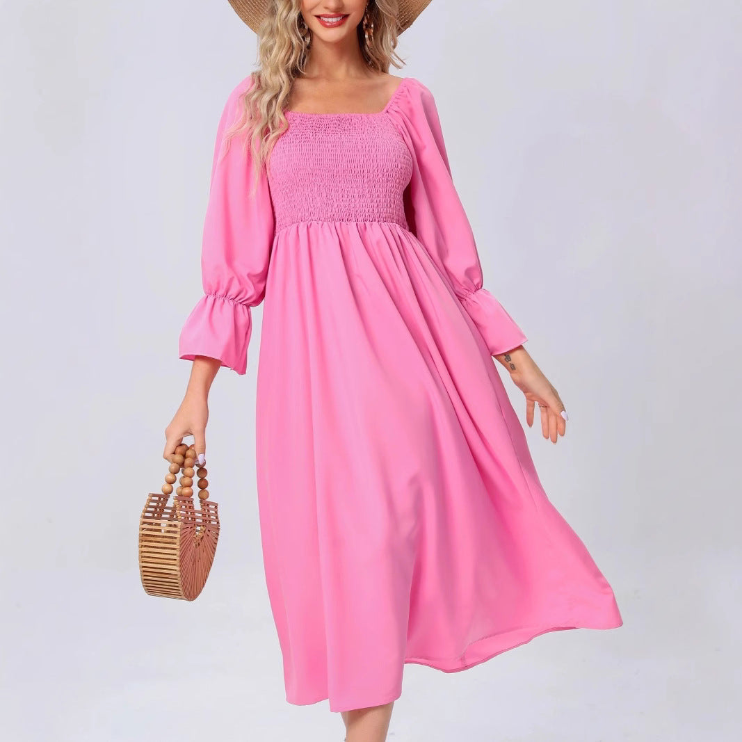 Damen Midikleid mit elastischen Puffärmeln und romantischem Taillenzug R&B