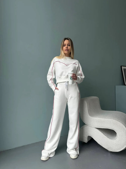 Damen lässiges Fleece-Set mit gemütlichem cropped Oberteil und weiten Hosen R&B