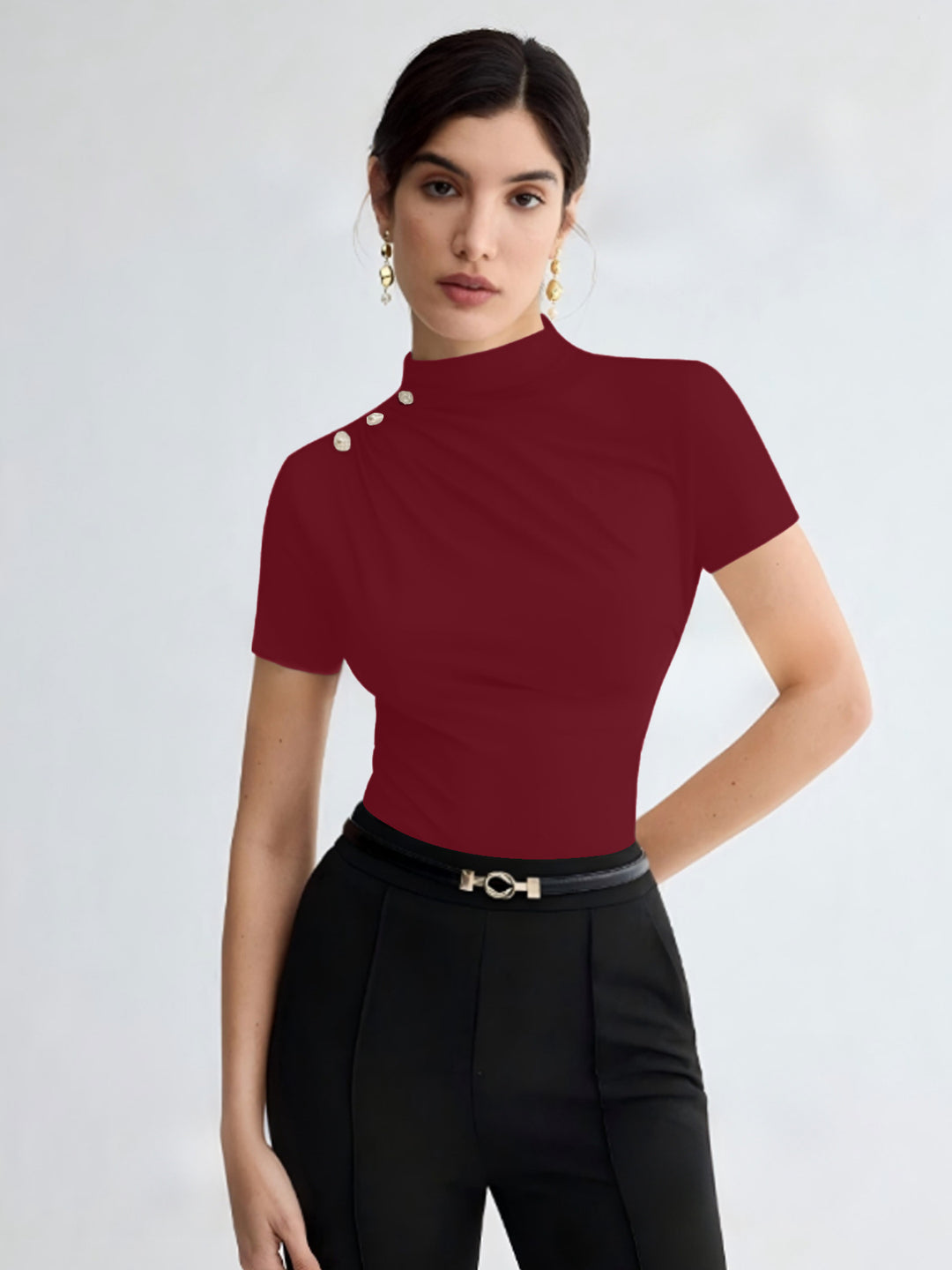 Damen elegantes Oberteil mit dekorativen Knopfdetails und modernem Stehkragen R&B