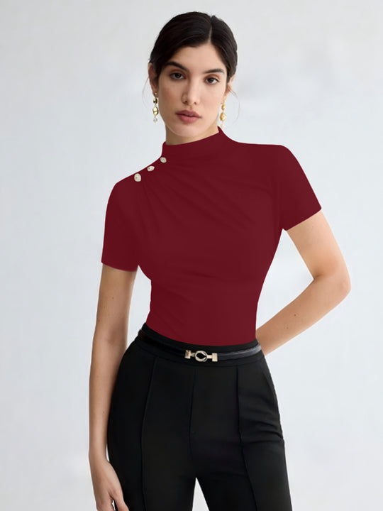 Damen elegantes Oberteil mit dekorativen Knopfdetails und modernem Stehkragen R&B