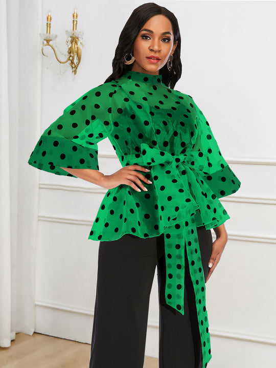 Damen Chiffonbluse mit transparentem Polka-Dots-Design und tailliertem Bindegürtel R&B