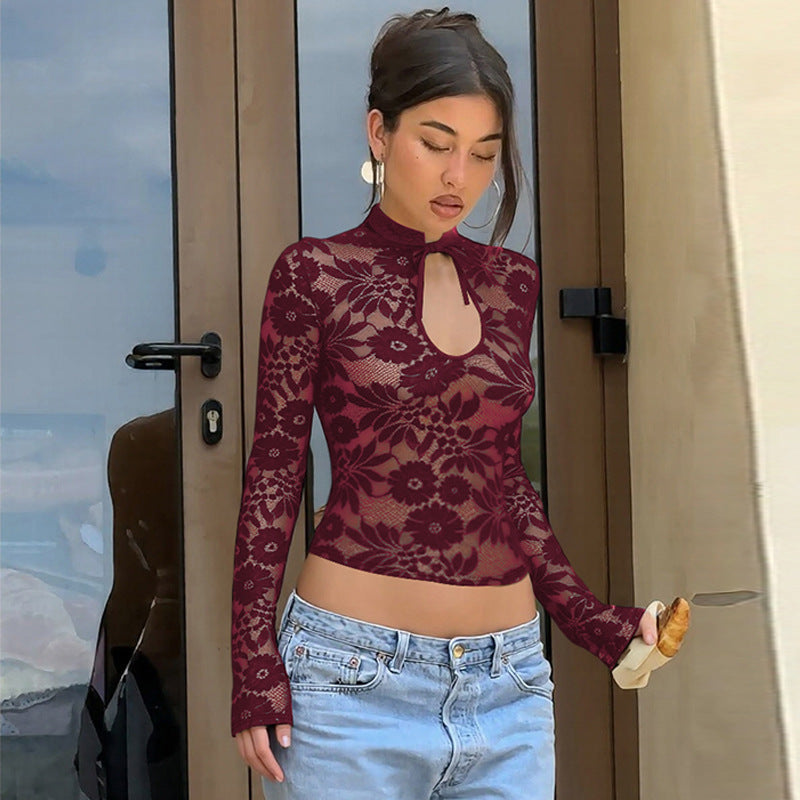 Damen Elegantes Spitzenoberteil mit hochgeschlossenem Design und floralem Muster R&B