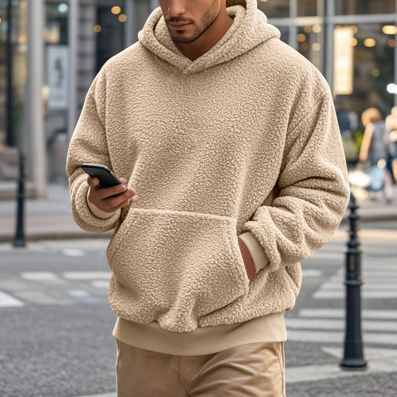 Herren Hoodie aus kuscheligem Teddy-Fleece mit Kängurutasche und breiten Bündchen R&B