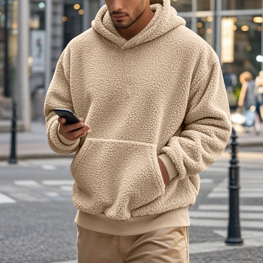 Herren Hoodie aus kuscheligem Teddy-Fleece mit Kängurutasche und breiten Bündchen R&B