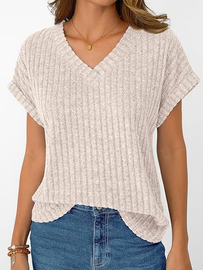 Damen lässiges V-Ausschnitt T-Shirt mit Streifenstruktur R&B
