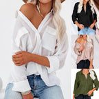 Damen lässige Hemdbluse mit Brusttaschen und hochgekrempelten Ärmeln R&B