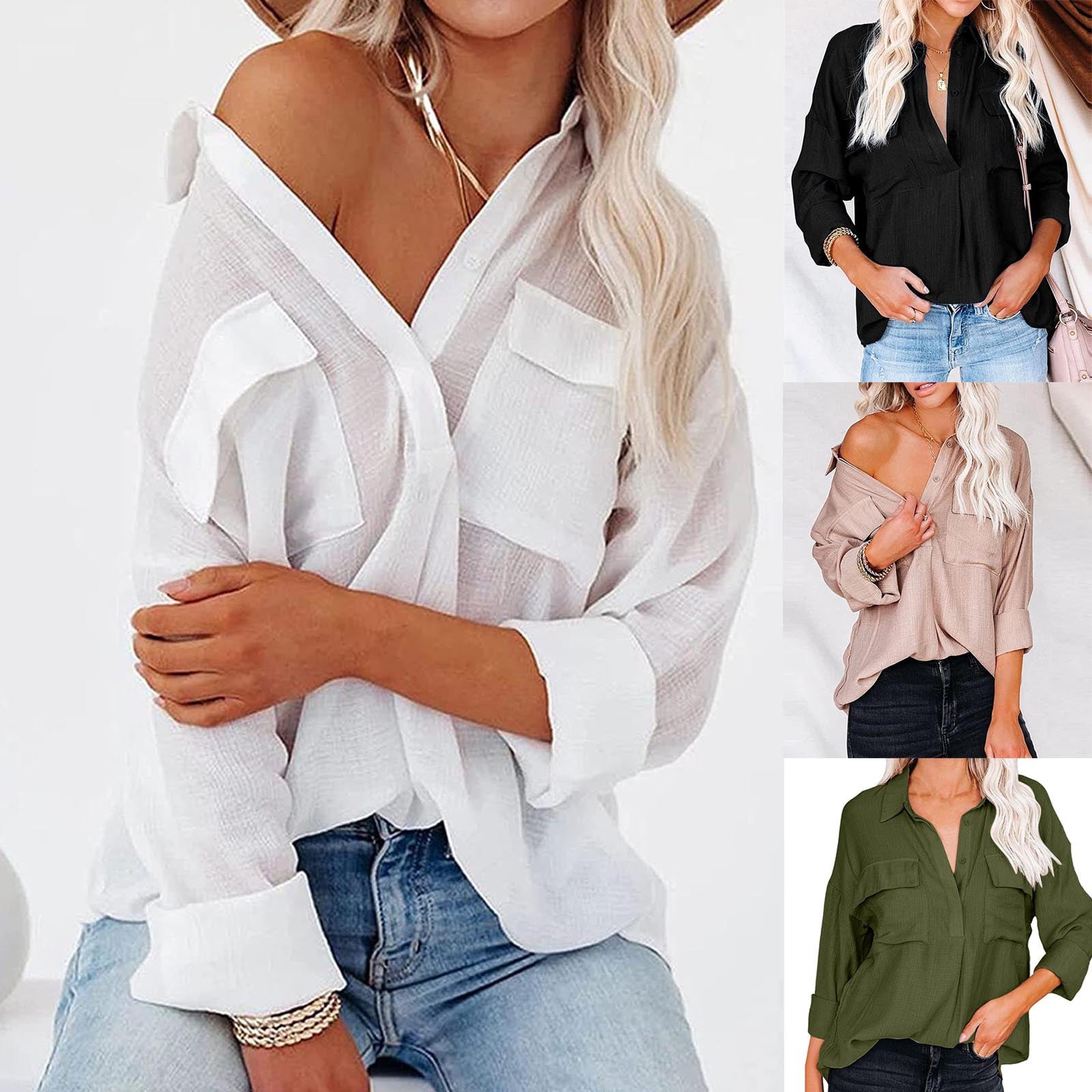 Damen lässige Hemdbluse mit Brusttaschen und hochgekrempelten Ärmeln R&B