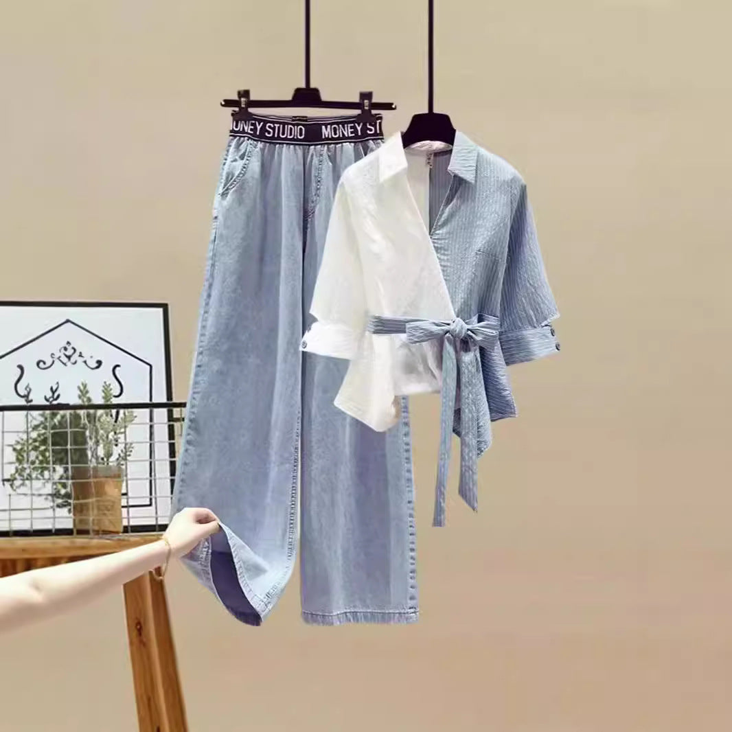 Damen Zweiteiliges Set mit lockerem, gestreiften Oberteil und weiter Jeans-Hose R&B