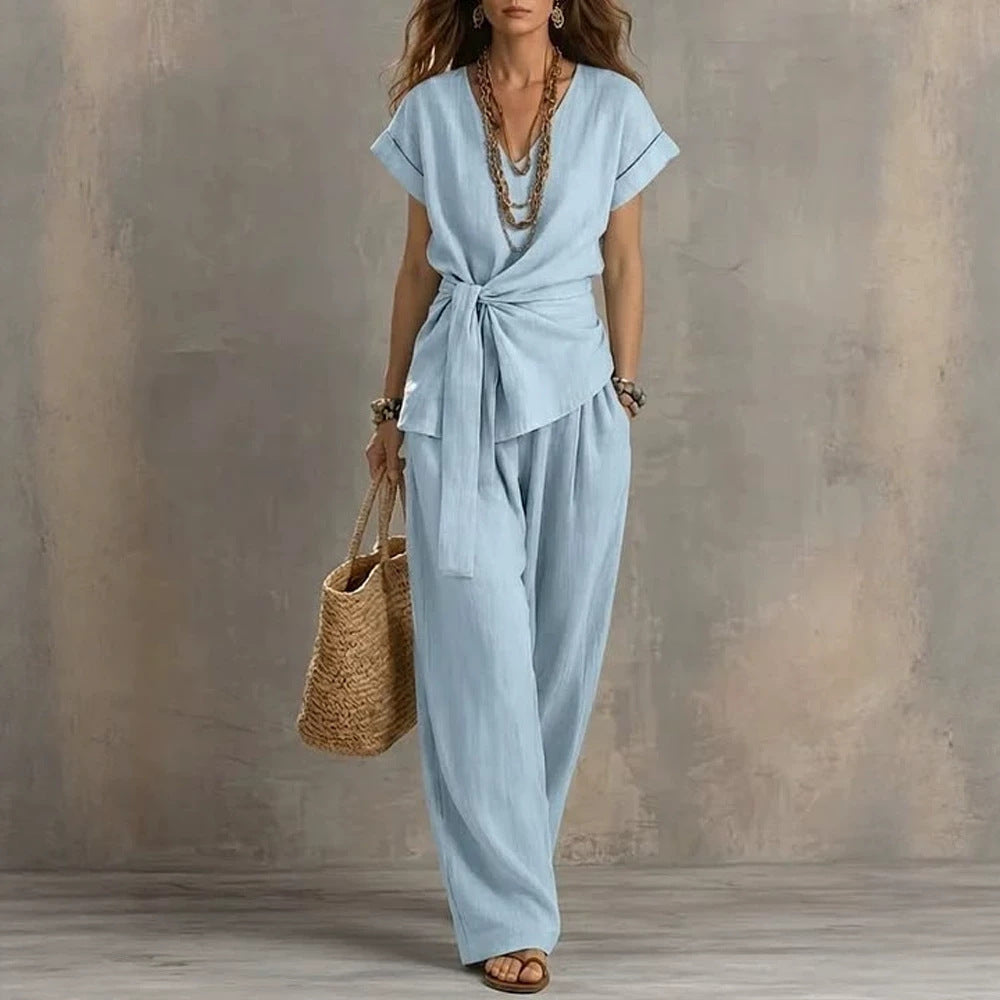 Damen Lässiges Oversize-Hosenanzug mit Wickel-Oberteil R&B